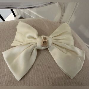Chanel Ivory Satin Bow Hair Accessory with Gold Perfume Detail Authentic